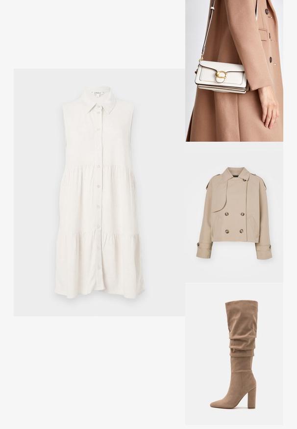 Bežna skrajšana plašč z dvojno zaponko, velikimi okroglimi gumbi, ramenskimi epauleti in dvema stranskima žepoma. Gladek, lahek material.; Suknja brez rokavov, z gumbi, iz svetlo bež lanu, z ovratnikom in večstopenjskim krilom za sproščen kroj. Teksturni material dodaja subtilen detajl.; Anna Field Škornji - beige; Bela usnjena torbica za čez ramo z zlatim zapiranjem, ki ima strukturirano zasnovo, kontrastne robove in tanek nastavljiv trak.
