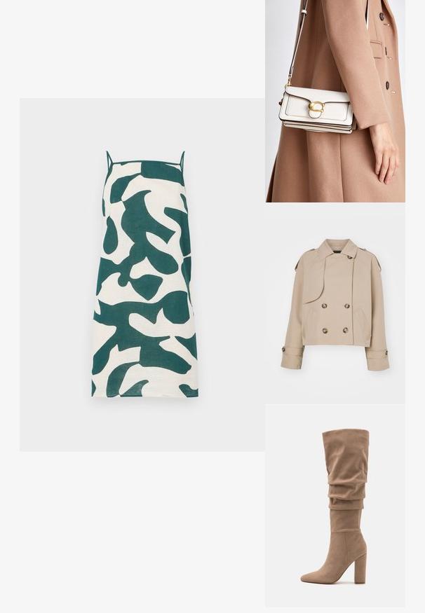Bežani skraćeni trench kaput s dvostrukim kopčanjem sprijeda, velikim okruglim gumbima, ramenim epauletima i dva bočna džepa. Glatka, lagana tkanina.; Haljina bez rukava u krem boji s zelenim apstraktnim kamuflažnim uzorkom. Ima ravni kroj i laganu tkaninu.; Anna Field Čizme - beige; Bijela kožna torba na preklop s zlatnom kopčom, s izrađenim dizajnom, kontrastnim rubovima i tankim podešivim remenom.