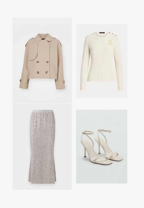 Bežani skraćeni trench kaput s dvostrukim kopčanjem sprijeda, velikim okruglim gumbima, ramenim epauletima i dva bočna džepa. Glatka, lagana tkanina.; Krem džemper s pletenim uzorkom, dugih rukava, okruglog izreza, zlatno izvezenim logotipom na prsima i tri zlatne dugmadi na ramenu.; Suknja do koljena od srebrnih šljokica s uskim pojasom, koja sadrži vertikalne uzorke sjaja i bočne proreze za lakoću kretanja.; Bež sandale na visokom potpeticom s kvadratnim vrhom i tankim remenčićima oko zapešća. Glatki materijal s minimalnim dizajnom, sa vitkim potpeticama.