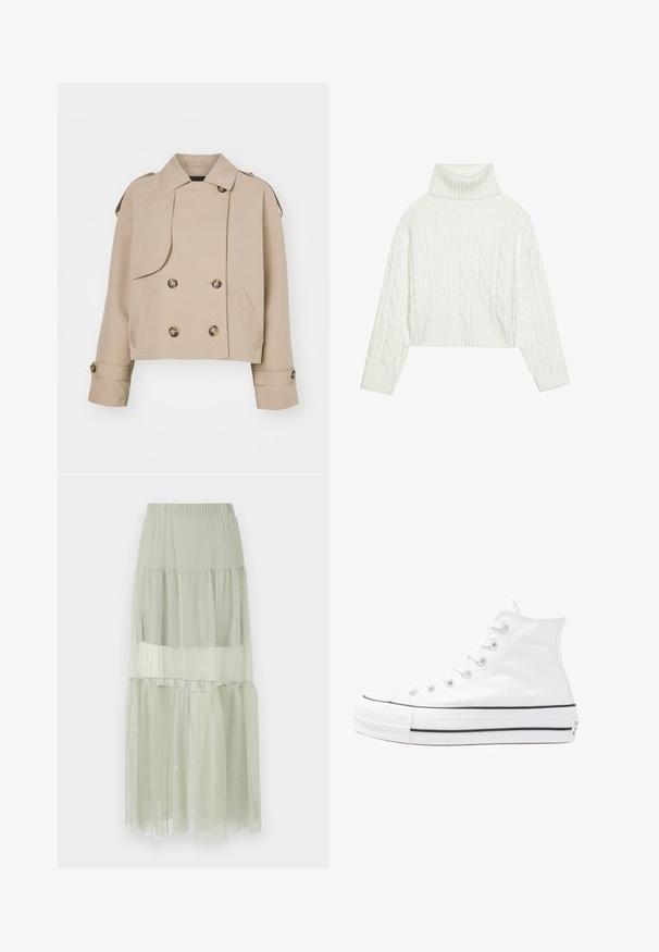 Manteau trench court beige avec un devant croisé, de grands boutons ronds, des épaulettes et deux poches latérales. Tissu lisse et léger.; Pull à col roulé en maille blanche, avec une coupe courte, doté de poignets et d'un ourlet côtelés. Texture douce avec un design épais et confortable.; Jupe superposée vert clair en tissu transparent, dotée d'une taille élastique et d'un design fluide à plusieurs niveaux avec une texture douce.; Baskets montantes en toile blanche avec semelle en caoutchouc noir, capuchon en caoutchouc à l'avant, et six œillets pour les lacets, présentant un design épuré et minimaliste.