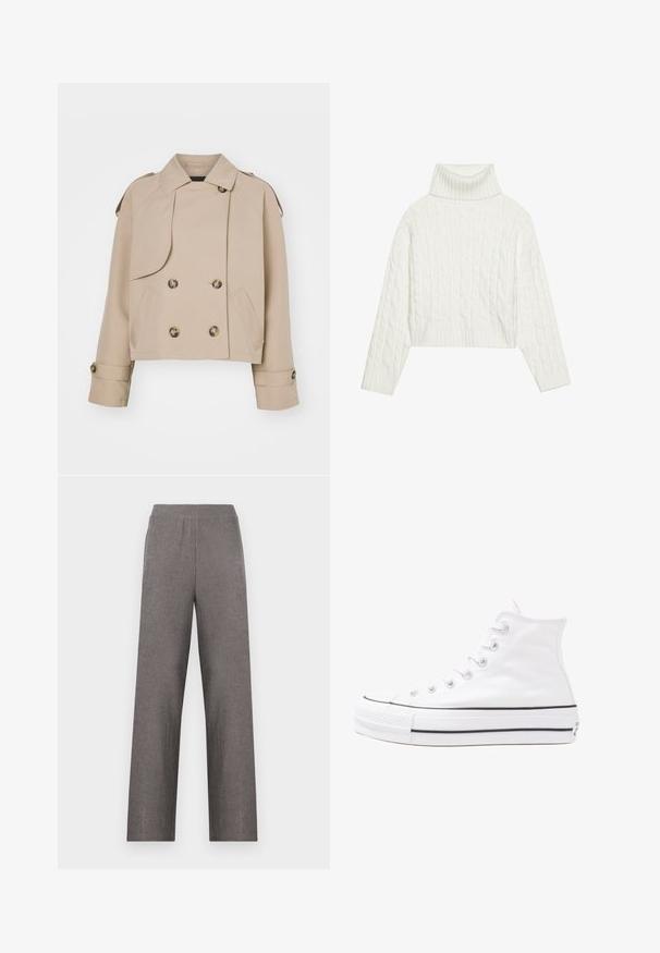 Beige cropped trench coat with double-breasted front, large round buttons, shoulder epaulets, and two side pockets. Smooth, lightweight fabric.; White cable-knit turtleneck sweater with a cropped silhouette, featuring ribbed cuffs and hem. Soft texture with a cozy, chunky design.; Gray wide-leg pants with a textured fabric and elastic waistband. The design features a simple, straight silhouette without pockets.; White high-top canvas sneaker with black rubber sole, front rubber toe cap, and six eyelets for laces, featuring a clean, minimalist design.