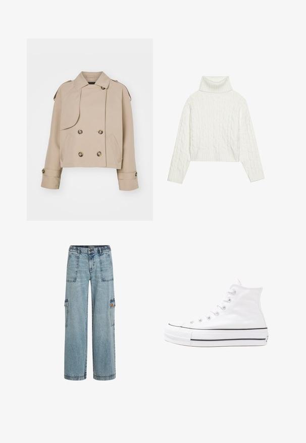 Bežna skrajšana plašč z dvojno zaponko, velikimi okroglimi gumbi, ramenskimi epauleti in dvema stranskima žepoma. Gladek, lahek material.; Bela jopica s kabelskim pletenjem in turtleneck ovratnikom, ki ima skrajšan kroj, z rebrastimi manšetami in robom. Mehka tekstura z udobnim, masivnim oblikovanjem.; Svjetloplave traper cargo hlače s elastičnim pojasom, dva prednja džepa i bočnim džepovima. Širokog kroja s ravnim dizajnom. ; Beli visoki platneni športni čevelj z črnim gumijastim podplatom, sprednjim gumijastim zaščitnikom za prste in šestimi luknjicami za vezalke, ki se ponaša s preprostim, minimalističnim dizajnom.