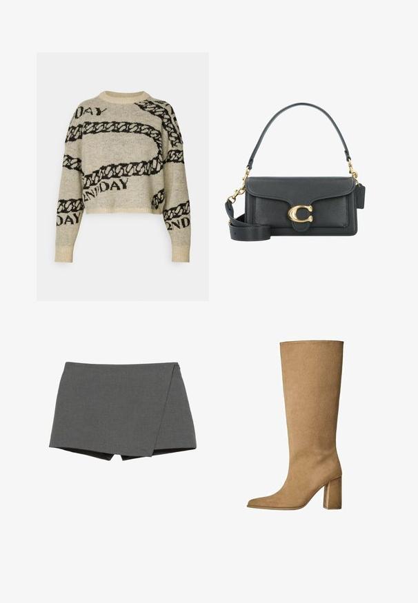 Bežna skrajšana plašč z dvojno zaponko, velikimi okroglimi gumbi, ramenskimi epauleti in dvema stranskima žepoma. Gladek, lahek material.; Pleteni pulover v bež barvi s črnimi verižnimi in besedilnimi vzorci. Ima krajšan kroj, okroglo ovratnico in rebraste manšete. Meadka tekstura.; Sive kratke hlače v ovitem stilu, izdelane iz gladkega materiala, z diagonalnim rezom in čistimi robovi. Brez vidne strojne opreme ali okrasnih elementov.; Tanki suede škornji do kolen v bež barvi z blok peto, z ošiljenim nosom in gladko teksturo. Minimalističen dizajn brez okraskov.; Črna usnjena torbica z zlatim okovjem, ki se ponaša s prepoznavnim zapiralom, odstranljivim ramenskim trakom in teksturirano površino.