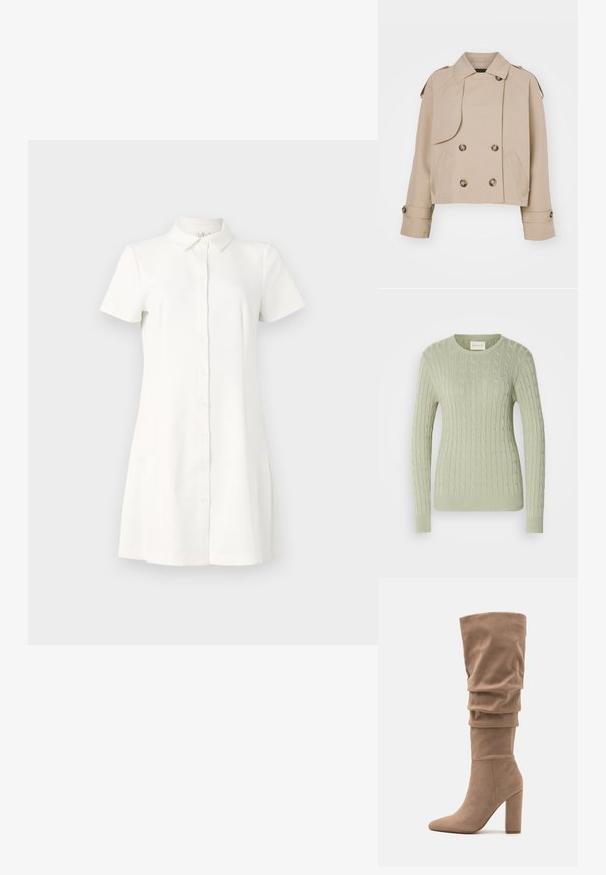 Manteau trench court beige avec un devant croisé, de grands boutons ronds, des épaulettes et deux poches latérales. Tissu lisse et léger.; Pull en tricot câble vert clair avec un col rond, des manches longues et des poignets côtelés. Présente un petit logo sur la poitrine.; Robe à manches courtes et à boutons en tissu blanc. Présente un col, un ourlet évasé et deux poches latérales. Texture lisse avec un design classique.; Anna Field Bottes - beige; Sac en cuir blanc à bandoulière avec un fermoir en or, présentant un design structuré, des bords contrastés et une fine sangle ajustable.