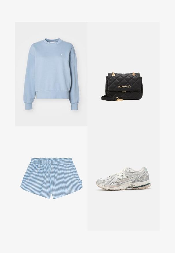 Bežani skraćeni trench kaput s dvostrukim kopčanjem sprijeda, velikim okruglim gumbima, ramenim epauletima i dva bočna džepa. Glatka, lagana tkanina.; Carhartt WIP CASEY - Sportska majica - frosted blue/silver; Plave i bijele prugaste kratke hlače sa elastičnim pojasom, dva gumba sprijeda i opuštenim krojem. Tkanina izgleda glatko s laganom teksturom.; Tenisice za trčanje imaju srebrno-bijeli mrežasti gornji dio s zelenim akcentom. Potplat je debel i teksturiran, dizajniran za ublažavanje udaraca i podršku.; Crna kviltana kožna torba s zlatnim detaljima, koja ima prednji preklop, lanac i kožnu naramenicu te reljefni logo na prednjoj strani.