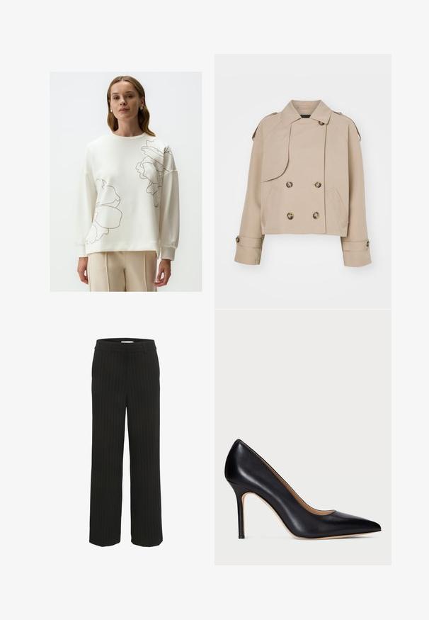 Beige cropped trenchcoat met een dubbel doorgeknoopte voorkant, grote ronde knopen, schouderepauletten en twee zijzakken. Glad, lichtgewicht stof.; Witte sweatshirt met grote beige bloemenprints, ronde halslijn en lange mouwen. Zachte textuur met een iets losse pasvorm. Zichtbare broek.; Zwarte pantalon met streepdessin en een rechte tailleband met riemlussen, gemaakt van geweven stof, met verticale strepen in een contrasterende kleur.; Zwarte leren hoge hakpumps met een spitse neus en een slanke stilettohak. De gladde textuur en minimale details zorgen voor een klassiek ontwerp.