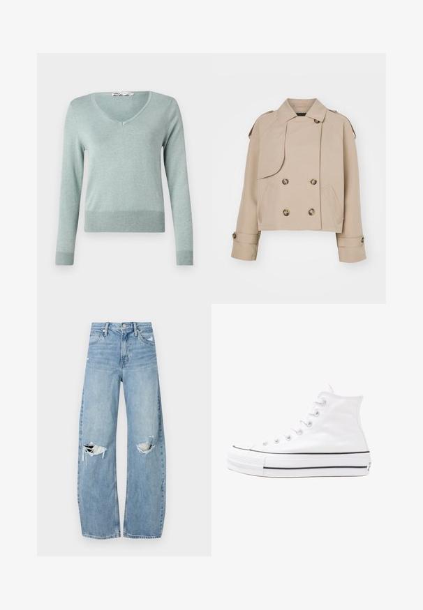 Beige cropped trenchcoat med dobbeltradet front, store runde knapper, skulderepauletter og to sidelommer. Glatt, lett materiale.; Lysegrønn genser med v-utsnitt laget av mykt, ribbestrikket materiale. Har lange ermer og en innsvingt nederkant, med subtil struktur gjennom hele.; Lyseblå høytlivsjeans laget av denim. Har vide bein, to revne knær og klassisk fem-lommers design.; Hvit høy-skinn kanvas sneakers med svart gummisåle, gummitåhette foran og seks hull for snorer, med et rent, minimalistisk design.
