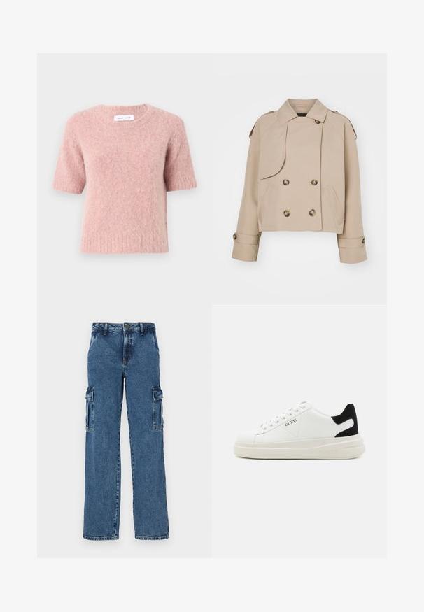 Šviesiai ruda trumpa tranšėja su dvigubais mygtukais, dideliais apvaliais mygtukais, pečių epauletėmis ir dviem šoninėmis kišenėmis. Lygus, lengvas audinys.; Samsøe Samsøe JEANNE - Džemperis - woodrose; Mėlynos džinsinės cargo kelnės su laisvu siluetu, turinčios dvi šonines kišenes, sutvirtintą siuvimą ir tiesaus kojų dizainą.; Baltos odinės sportbačiai su storu baltu padu, juodu nubuko kulno akcentu ir iškilmingu logotipu šone. Su raišteliais, turinčiais šešis akinius.