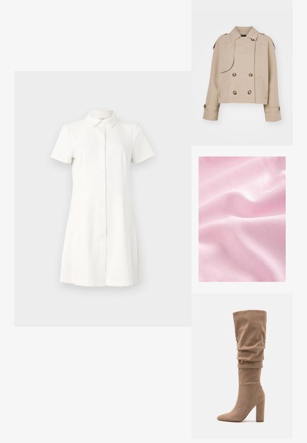 Trench coat cropped beige con chiusura doppiopetto, grandi bottoni rotondi, spalline e due tasche laterali. Tessuto liscio e leggero.; Tessuto rosa chiaro con una texture liscia e setosa e un leggero lucido, caratterizzato da pieghe delicate e un fine motivo a maglia.; Abito con maniche corte e bottone in tessuto bianco. Presenta un colletto, orlo svasato e due tasche laterali. Texture liscia con design classico.; Anna Field Stivali alti - beige; Borsa a tracolla bianca in pelle con una chiusura dorata, caratterizzata da un design strutturato, bordi in contrasto e una sottile tracolla regolabile.