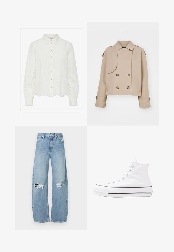 Šviesiai ruda trumpa tranšėja su dvigubais mygtukais, dideliais apvaliais mygtukais, pečių epauletėmis ir dviem šoninėmis kišenėmis. Lygus, lengvas audinys.; Balta ilga rankovė bluzelė su užsegimu priekyje, dekoruota gėlių iškarpų siuvinėjimu ir banguota apdaila. Minkšta medvilnė ir struktūrizuota apykaklė.; Šviesiai mėlynos, aukštu juosmeniu džinsai pagaminti iš džinsinio audinio. Turi plačias kojų kelnes, dvi suplėšytas kelio vietas ir klasikinį penkių kišenių dizainą.; Balti aukštakulniai drobės sportbačiai su juodu guminio pado, priekinio guminio piršto dangteliu ir šešiais akytėmis raištams, pasižymintys švariu, minimalistiniu dizainu.