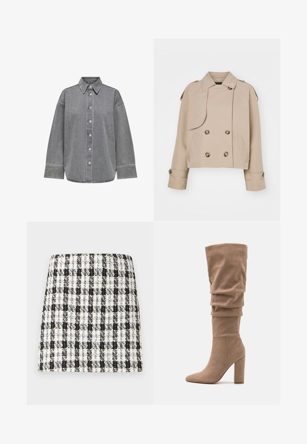 Beżowy skórzany płaszcz w kroju cropped z podwójnym zapięciem na przód, dużymi okrągłymi guzikami, naramiennikami i dwiema bocznymi kieszeniami. Gładki, lekki materiał.; Szara koszula z denimu z designem na guziki, klasycznym kołnierzem i długimi rękawami z mankietami. Gładka tekstura i luźny krój.; Czarna i biała spódnica w kratę, wykonana z teksturowanej tkaniny, o wyraźnej konstrukcji z prostym krojem i minimalnymi detalami.; Anna Field - Kozaki