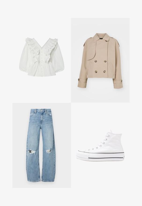 Gabardina beige corta con frente de doble botonadura, grandes botones redondos, hombreras y dos bolsillos laterales. Tejido suave y ligero.; Blusa blanca con un escote en V profundo, mangas abullonadas y detalles de volantes en la parte delantera. Hecha de algodón, con cierre de botones y acentos texturizados.; Vaqueros de mezclilla de tiro alto en azul claro. Tienen piernas anchas, dos áreas desgastadas en las rodillas y un estilo clásico de cinco bolsillos.; Zapatilla de lona alta blanca con suela de goma negra, puntera de goma frontal y seis ojetes para los cordones, que presenta un diseño limpio y minimalista.