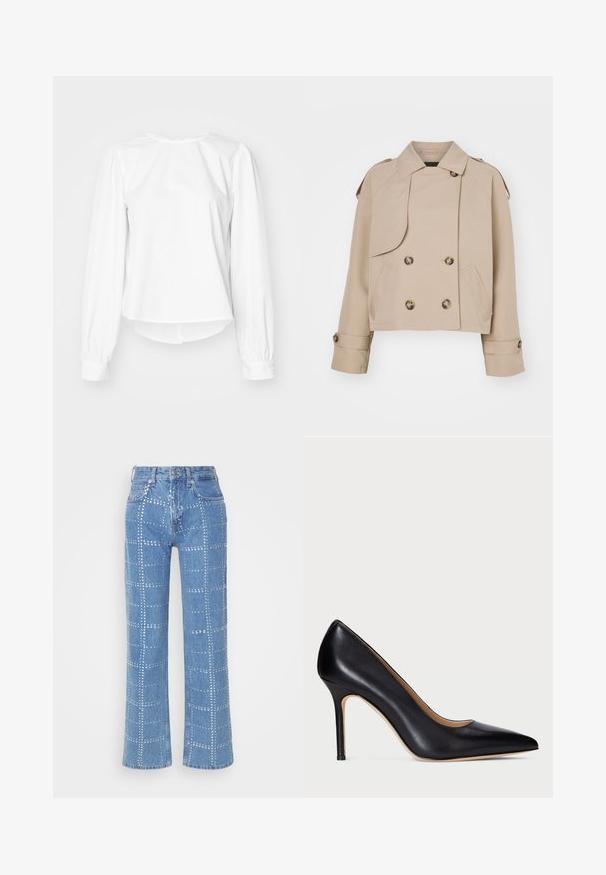 Beige lühike trench coat kahe rea nupudega, suurte ümmarguste nuppudega, õlavarre epaulettide ja kahe küljetaskuga. Sile ja kerge kangas.; Valge pikkade varrukatega pluus, millel on lõdva sobivusega, puhvvarrukad, ümar kaelus ja nööbiga mansetid. Sile ja krõbe tekstuur.; Kergedest sinised denim püksid sirge säärega, millel on hõbedaste studide ruuduline muster ja klassikaline viie taskuga disain.; Must must naha kõrged kontsad, terava ninaga ja kitsaste stilettokontsad. Sile tekstuur ja minimaalne detailide hulk loovad klassikalise disaini.