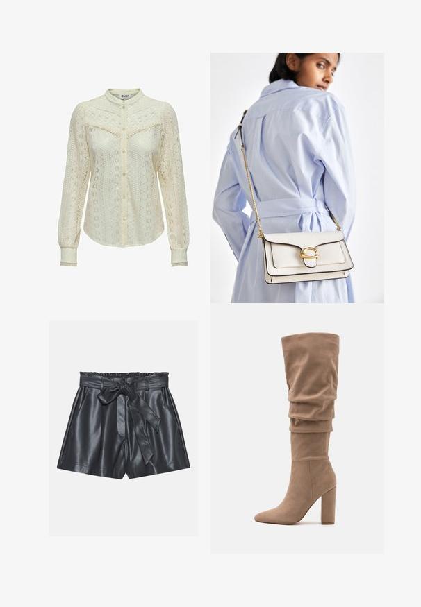 Bēšas krītošs tranšejas mētis ar divkrāsu priekšpusi, lieliem apaļiem pogām, plecu epauletiem un divām sānu kabatām. Gluds, viegls audums.; Lace blūze off-white krāsā ar sarežģītiem rakstiem, garām piedurknēm, pogājamā priekšpusē un mandarina apkakli. Smalks apdare pie piedurknēm.; Melnas ādas šorti ar augstu jostasvietu, elastīgu joslu, noņemamu jostu un gludu tekstūru. Iespējas ar plakanu priekšpusi un sānu kabatām.; Anna Field Zābaki - beige; Balta ādas rokas soma ar zelta furnitūru, priekšējo vāciņu un melniem maliņām, ar ķēdes siksnu, kas valkāta pāri ķermenim pretī gaiši zilai krekliņam.