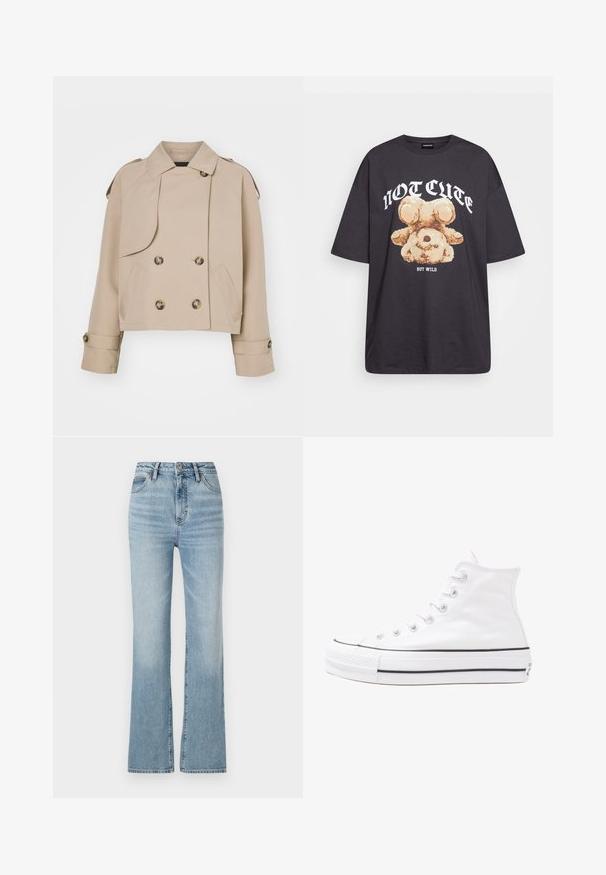 Bežani skraćeni trench kaput s dvostrukim kopčanjem sprijeda, velikim okruglim gumbima, ramenim epauletima i dva bočna džepa. Glatka, lagana tkanina.; Crna oversized majica s grafikom medvjeda i natpisom "NIJE SLATKO, ALI DIVLJE" u podebljanim, bijelim slovima. Pamuk.; Svijetloplave traperice visokog struka, ravnog kroja, sa pet džepova i suptilnim izbjeljivanjem na bedrima.; Bijela visoka platnena tenisica s crnom gumenom potplatom, prednjim gumenim zaštitnikom prstiju i šest rupa za vezanje, s čistim, minimalističkim dizajnom.