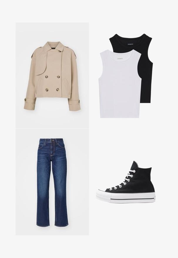 Bežna skrajšana plašč z dvojno zaponko, velikimi okroglimi gumbi, ramenskimi epauleti in dvema stranskima žepoma. Gladek, lahek material.; Dve brezrokavne majice v črni in beli barvi, izdelane iz rebrastega bombaža, z okroglimi izrezi in prilegajočim oblikovanjem. Oznake so vidne na obeh.; Temno modri džins hlače z visokim pasom, širokimi nogami, subtilnim razbarvanjem in kontrastnim šivanjem. Kovinska gumb in zadrga za zapiranje.; Visoke črne platnene superge z belimi režami, vezalkami in gumijastim podplatom. Ponašajo se z teksturiranim zaščitnikom za prste in črno-belimi črtami.