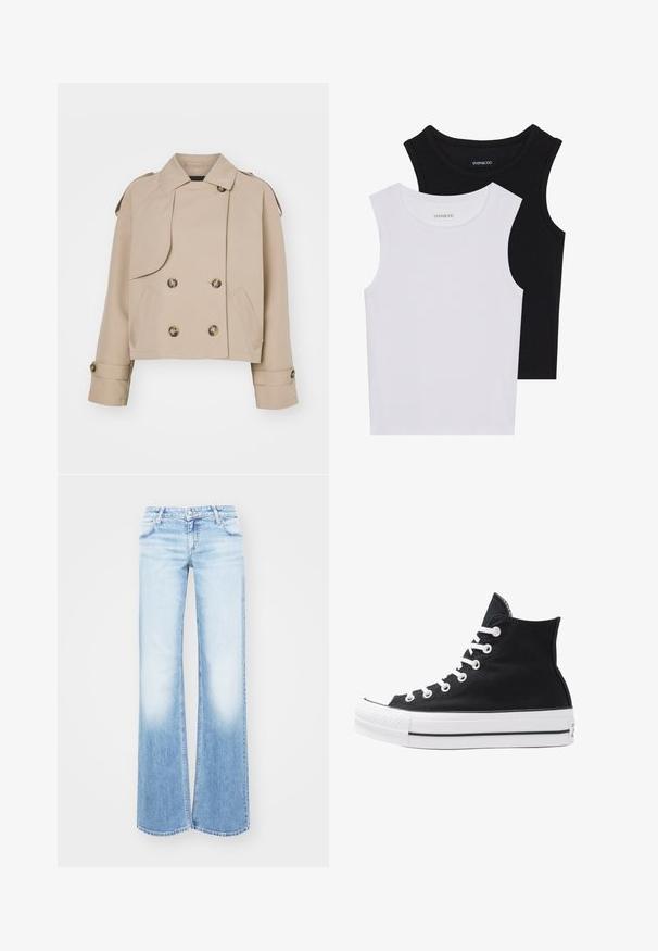 Šviesiai ruda trumpa tranšėja su dvigubais mygtukais, dideliais apvaliais mygtukais, pečių epauletėmis ir dviem šoninėmis kišenėmis. Lygus, lengvas audinys.; Du kamščių be rankovių juodos ir baltos spalvų, pagaminti iš banguoto medvilnės, su apvaliais kaklo iškirpimais ir priglundančiu siluetu. Matomi etiketės abiejuose.; Šviesiai mėlynos džinsinės flared kelnės su laipsnišku blukimu. Turi klasikinį penkių kišenių dizainą ir metalinį mygtuką juosmens srityje.; Juodos aukštos kanvas sportbačiai su baltais akių angomis, raišteliais ir guma padais. Yra tekstūruotas pirštų gaubtas ir juodai baltos juostos akcentai.