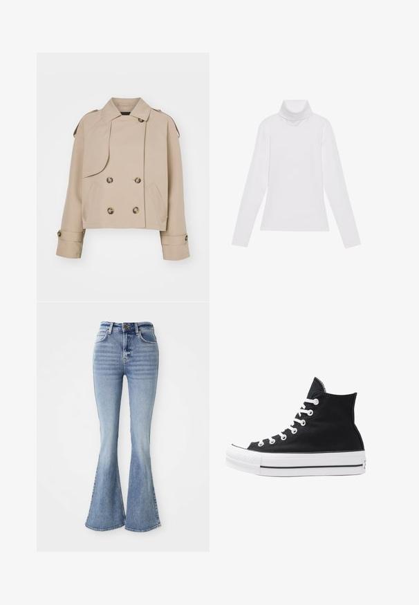 Beige lyhyesti leikattu trenssi, jossa on kaksirivinen etuosa, suuret pyöreät napit, olkasuojat ja kaksi sivutaskua. Sileä, kevyt kangas.; Valkoinen pitkähihaisella poololla varustettu paita, joka on valmistettu sileästä ja joustavasta kankaasta. Ominaisuuksiin kuuluu korkeakauluksinen ja tiukka malli, ilman näkyviä kuvioita tai koristeita.; Vaaleansiniset korkeavyötäröiset farkut, joissa on levenevät lahkeet, etupainike ja taskut, esillä valkoisella taustalla.; Korkean ylösulkeutuvan mustan kankaan lenkkitossun, jossa on valkoiset rei'itykset, nauhat ja kumipohja. Sisältää teksturoituneen kärkitilan ja musta-valkoiset raidat.