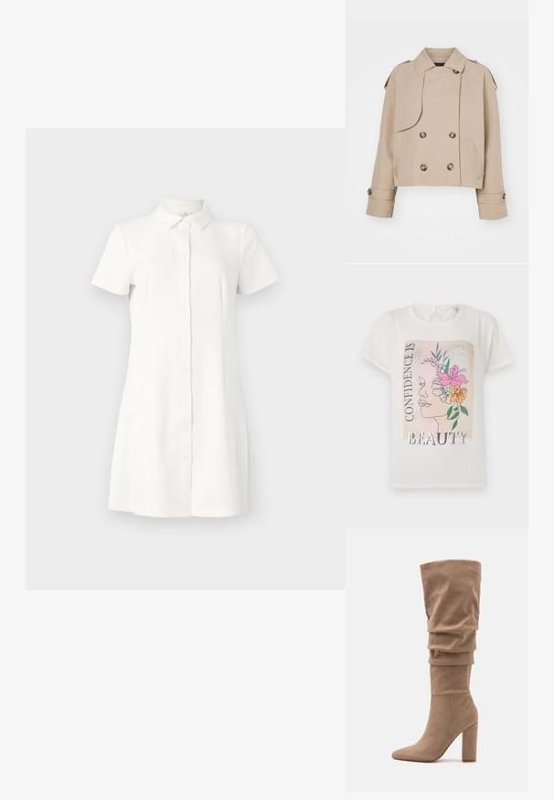 Bežna skrajšana plašč z dvojno zaponko, velikimi okroglimi gumbi, ramenskimi epauleti in dvema stranskima žepoma. Gladek, lahek material.; Bela majica s kratkimi rokavi z grafičnim dizajnom obraza, okrašenim s cvetjem, in napisom "ZAGOVORNA JE LEPOTA." Okrogla ovratnica.; Kratke rokave, oblačilo s gumbi iz belega blaga. Ima ovratnik, razširjen rob in dva stranska žepa. Gladka tekstura s klasičnim dizajnom.; Anna Field Škornji - beige; Bela usnjena torbica za čez ramo z zlatim zapiranjem, ki ima strukturirano zasnovo, kontrastne robove in tanek nastavljiv trak.