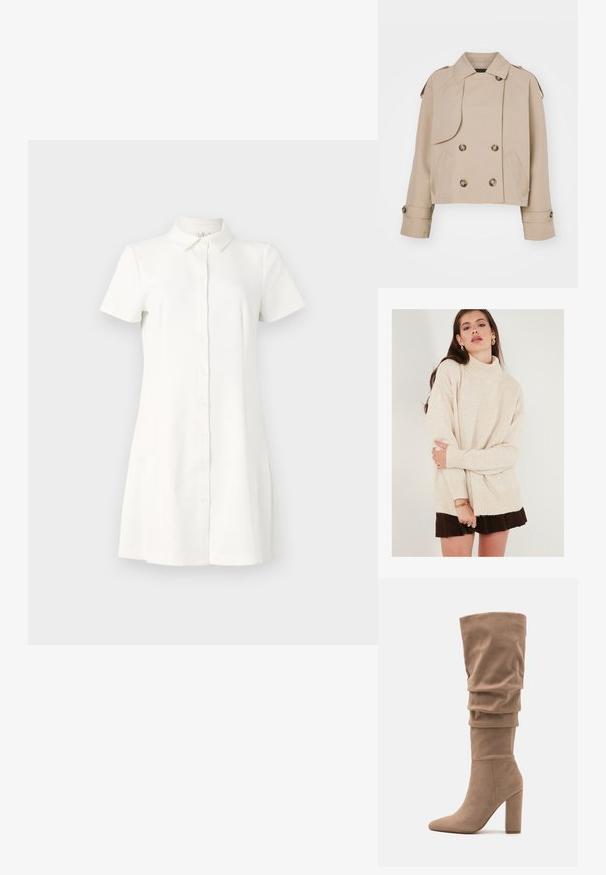Beige lühike trench coat kahe rea nupudega, suurte ümmarguste nuppudega, õlavarre epaulettide ja kahe küljetaskuga. Sile ja kerge kangas.; Beige kõrge kaelusega soe, ribadega mansettide ja alumise servaga. Ülekaaluline lõige pehme tekstuuriga. Kombineeritud pruuni seeliku jaotusega.; Lühikeste varrukatega nööbiga kleit valgest kangast. Omab kraed, laiendunud helmik ja kahte küljetaskut. Sile tekstuur klassikalise disainiga.; Anna Field Saapad - beige; Valge nahast õlavarre kott kuldse klambriga, millel on struktureeritud disain, kontrastsed servad ja õhuke reguleeritav rihm.
