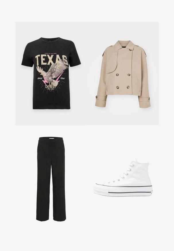 Šviesiai ruda trumpa tranšėja su dvigubais mygtukais, dideliais apvaliais mygtukais, pečių epauletėmis ir dviem šoninėmis kišenėmis. Lygus, lengvas audinys.; Juodas medvilninis marškinėliai su įspūdinga erelio grafika, ryškiai kreminės ir rožinės spalvos tekstu "TEXAS", žaibo akcentais ir vintage stiliumi.; Juodi dryžuoti plačios kojos kelnių su lygia juosmens juosta ir dirželių kilpomis, pagaminti iš audinio, su vertikaliomis juostelėmis kontrastinėmis spalvomis.; Balti aukštakulniai drobės sportbačiai su juodu guminio pado, priekinio guminio piršto dangteliu ir šešiais akytėmis raištams, pasižymintys švariu, minimalistiniu dizainu.