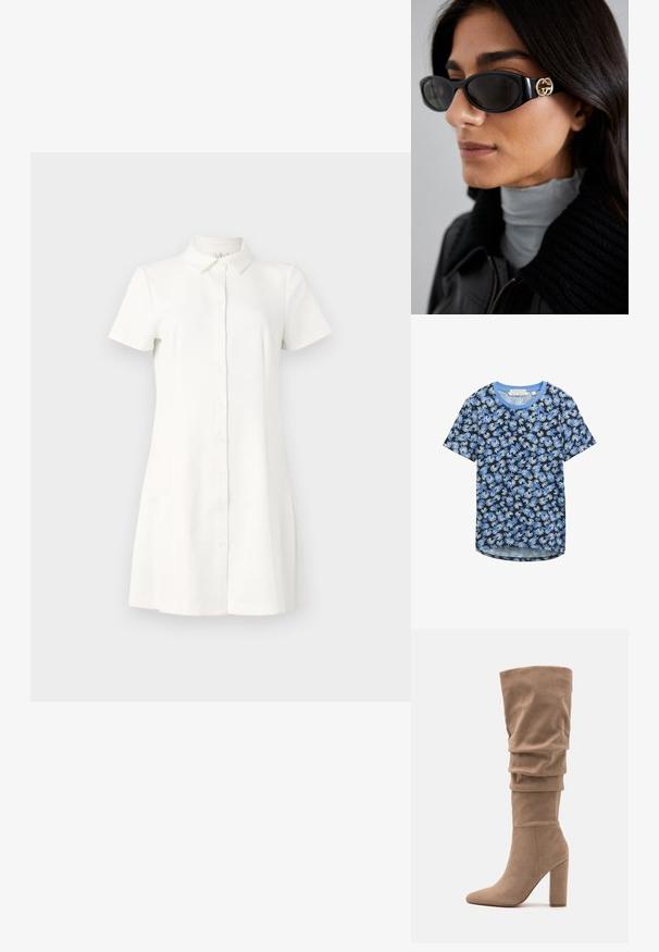 Bēšas krītošs tranšejas mētis ar divkrāsu priekšpusi, lieliem apaļiem pogām, plecu epauletiem un divām sānu kabatām. Gluds, viegls audums.; TOM TAILOR DENIM Pamata T-krekls - blue flower print; Kratka piedurkne, pogu apģērbs baltā audumā. Iezīmējas ar apkakli, izplatītu apakšmalu un divām sānu kabatām. Gluda tekstūra ar klasisku dizainu.; Anna Field Zābaki - beige; Melni saulesbrilles ar gludu taisnstūra formu un zelta logo akcentu uz sāna. Tumši objektīvi un spīdīga apdare ir izceltas.; Baltas ādas crossbody soma ar zelta sprādzi, ar strukturētu dizainu, kontrastējošām malām un plānu regulējamu siksnu.