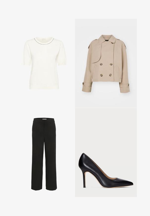 Gabardina beige corta con frente de doble botonadura, grandes botones redondos, hombreras y dos bolsillos laterales. Tejido suave y ligero.; Suéter blanco de punto con escote redondo, mangas cortas abullonadas y un ribete decorativo en el cuello. Textura suave y diseño ajustado.; Pantalones anchos de rayas negras con una cinturilla plana y lazos para cinturón, fabricados en tejido tejido, que presentan rayas verticales en un color contrastante.; Zapato de tacón alto de cuero negro con punta afilada y tacón de stiletto delgado. La textura suave y el mínimo detalle crean un diseño clásico.