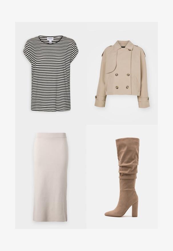 Beige lyhyesti leikattu trenssi, jossa on kaksirivinen etuosa, suuret pyöreät napit, olkasuojat ja kaksi sivutaskua. Sileä, kevyt kangas.; Lyhythihainen musta-valkoraidoitettu t-paita, jossa on pyöreä kaula-aukko, rento malli ja pehmeä puuvillakankaan rakenne.; Neulottu kynähame vaaleanbeige sävyssä, jossa on ribbireunus, slim fit -leikkaus ja sivuavaraus liikkumisen helpottamiseksi. Pehmeä tekstuuri, minimaalinen muotoilu.; Anna Field Saappaat - beige