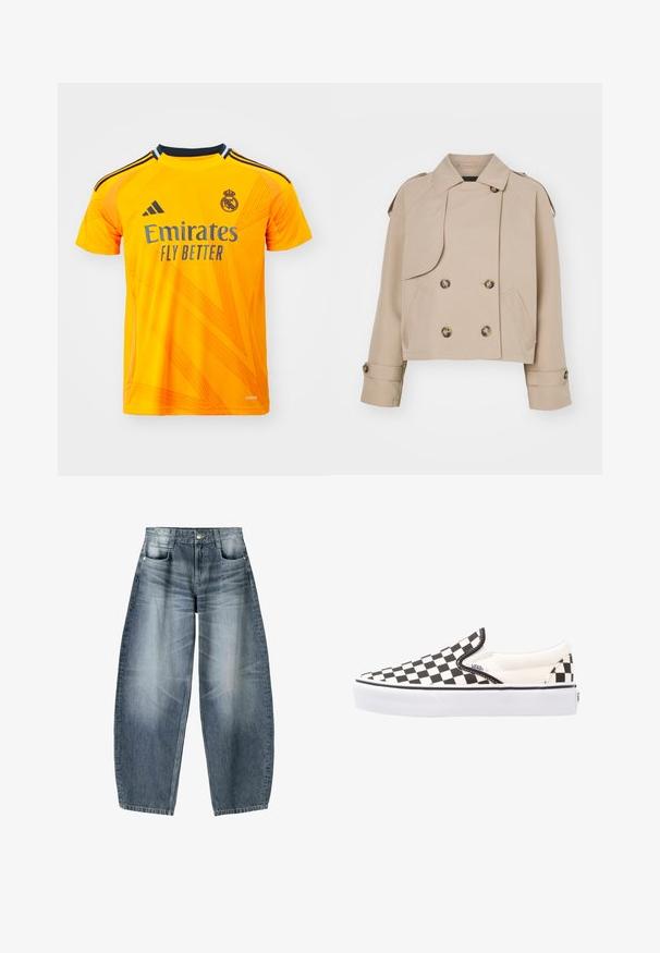 Beige kort trenchcoat med dubbelknäppt front, stora runda knappar, axelremmar och två sidfickor. Slät, lättvikts tyg.; Orange sportströja i andningsbart material, med korta ärmar, svarta detaljer och strukturerade diagonala mönster. 'Emirates Fly Better' logotypen syns.; Vidjeans i ljusblå denim med blekningar, som har en femficksdesign, knappgylf och minimala sömnadsdetaljer.; Svart-och-vit rutiga slip-on Vans-skor med överdel av kanvas, gummisula och vadderad krage. Platt, rund tå med vita sula accenter.