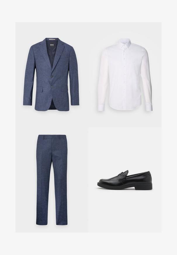 Navyblauer Blazer aus strukturiertem Stoff, einreihig mit zwei vorderen Knöpfen, mit Reverskragen und Seitentaschen. Gefüttert.; Weißes Langarm-Hemd aus Baumwolle, mit klassischem Kragen, vorderen Knöpfen und minimalen Nähdetails.; Marineblaue Hose aus einem strukturierten Stoff, mit geraden Beinen, flachem Vorderteil und zwei seitlichen Taschen. Keine sichtbaren Muster oder Akzente.; Schwarze Leder-Loafers mit abgerundeter Spitze, erhöhten Steppnähten auf dem Blatt und einer flachen Gummisohle. Glatte Oberfläche, klassisches Design.