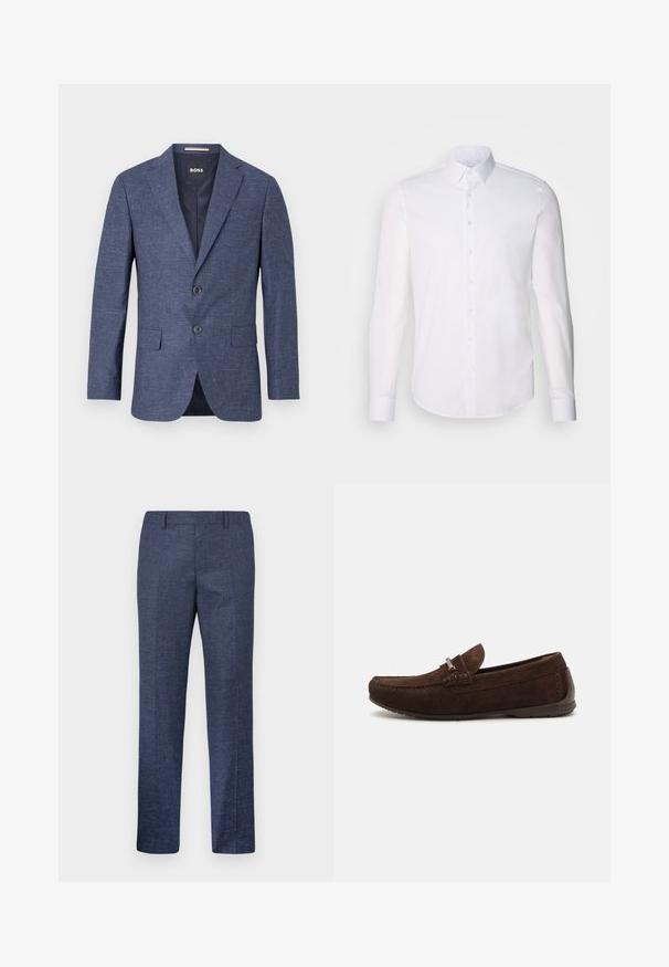 Tumesinine bleiser tekstureeritud kangast, ühe nööbiga, kahe esise nööbiga, nurgeliste kraede ja küljetaskutega. Vooderdatud sisemus.; Valge pikkade varrukatega nööpidega särk, mis on valmistatud puuvillast, klassikalise krae, eest nööpide ja minimaalsete õmblusdetailidega.; Tumed sinine püksid, mis on valmistatud tekstuuriga kangast, sirgete jalgega, tasase esiosa ja kahe küljetaskuga. Ilma nähtavate mustrite või aksessuaarideta.; Pruunist nahast loafers'itest, millel on õmblustega muster, peene tekstuur, ümar nina ja hõbedane aksessuaar. Madal kummist tall, mis tagab mugavuse.