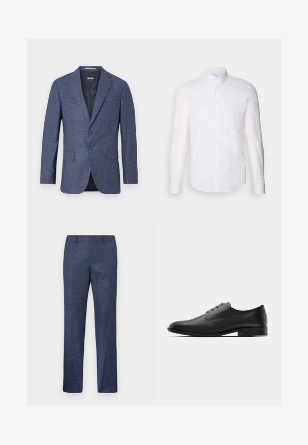 Navy blue blazer in textured fabric, single-breasted with two front buttons, notch lapels, and side pockets. Lined interior.; White long-sleeve button-up shirt made from cotton, featuring a classic collar, front buttons, and minimal stitching detail.; Navy blue trousers made from a textured fabric, featuring straight legs, a flat front, and two side pockets. No visible patterns or accents.; Black leather dress shoe with a sleek design, rounded toe, five eyelets for laces, and a small raised heel. Subtle embossed logo detail.