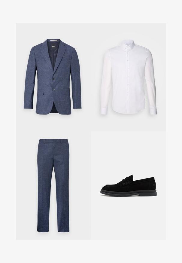 Námorně modrý blazer z texturované tkaniny, jednobarevný s dvěma předními knoflíky, klopovými límci a postranními kapsami. Podšívkový interiér.; Bílá košile s dlouhým rukávem vyrobená z bavlny, s klasickým límcem, předními knoflíky a minimálním detailem šití.; Námořnické modré kalhoty vyrobené z texturované tkaniny, s rovnými nohavicemi, plochým předním dílem a dvěma bočními kapsami. Žádné viditelné vzory ani akcenty.; HUGO CHAOL - Polobotky - black