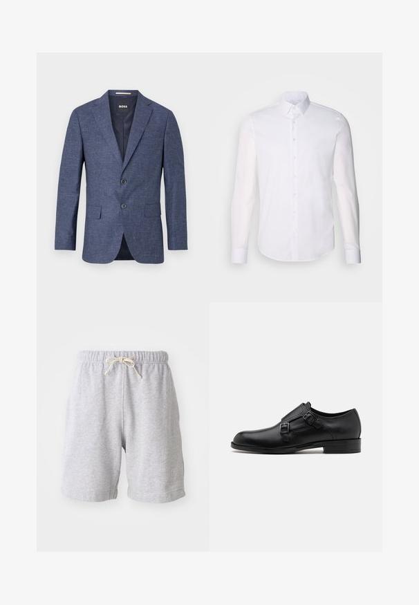 Blazer blu navy in tessuto texturizzato, monopetto con due bottoni frontali, revers a scampo e tasche laterali. Interno foderato.; Camicia bianca a maniche lunghe con bottoni realizzata in cotone, caratterizzata da un colletto classico, bottoni frontali e dettagli di cucitura minimal.; Pantaloni corti in cotone grigi con vita elastica e coulisse. Lunghezza fino a metà coscia, con cuciture laterali e texture morbida. Senza tasche o motivi visibili.; Scarpa da uomo in vera pelle nera con doppie fibbie, silhouette elegante e punta tonda. Presenta un tacco basso e una texture liscia.