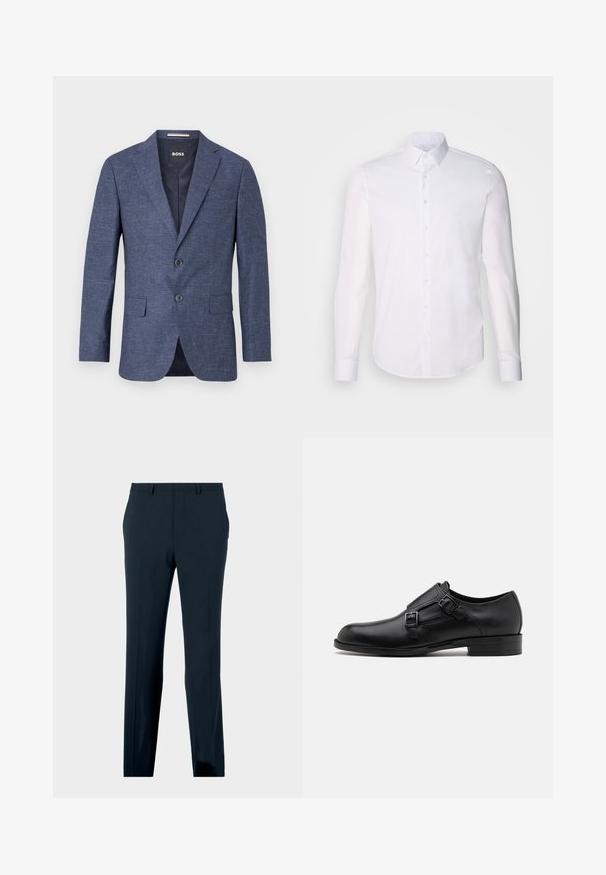 Sötétkék blézer texturált anyagból, egysoros, két elülső gombbal, hajtókás gallérral és oldalsó zsebekkel. Bélelt belső rész.; Fehér, hosszú ujjú, gombos ing, pamutból készült, klasszikus gallérral, elöl gombokkal és minimalista varrási részletekkel.; HUGO HESTEN - Öltönynadrág - dark blue; Fekete bőrcipő, dupla csattal, letisztult sziluettel és kerek orral. Alacsony sarka és sima felülete van.