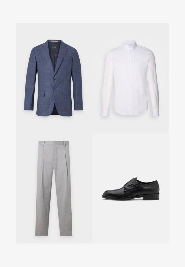 Tamno plavi sako od teksturiranog materijala, s jednim redom dugmadi i dva prednja dugmeta, s odrezanim reverima i bočnim džepovima. Podstavljeni unutrašnjost.; Bijela košulja dugih rukava s gumbima napravljena od pamuka, s klasičnom kragnom, prednjim gumbima i minimalnim detaljima šivanja.; Sive tailoring hlače s teksturiranim materijalom, s nabranim detaljima, ravnim krojem nogavica i klasičnim dizajnom pojasa.; Crne kožne cipele s dvostrukim kopčama, elegantne siluete i okruglim prstima. Imaju nisku petu i glatku teksturu.