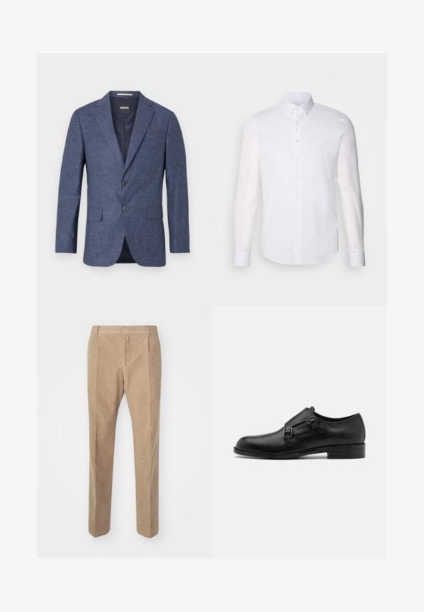 Marineblauwe blazer van textuurstof, enkelvoudig met twee knopen aan de voorkant, notch revers en zijzakken. Gevoerde binnenkant.; Witte lange mouwen overhemd met knopen, gemaakt van katoen, voorzien van een klassieke kraag, voorkant met knopen en minimale stikdetails.; Beige ribstof broek met een recht model, voorzien van voorplooien, riemlussen en zijzakken. Soepele, zachte textuur.; Zwarte leren dresschoen met dubbele gespen, slank silhouet en ronde neus. Kenmerkt zich door een lage hak en een gladde textuur.