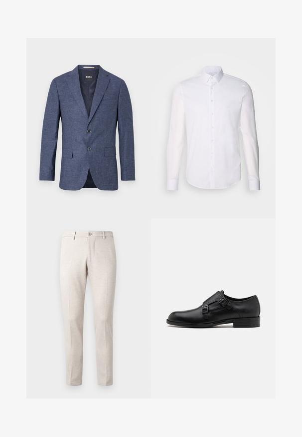 Marineblauwe blazer van textuurstof, enkelvoudig met twee knopen aan de voorkant, notch revers en zijzakken. Gevoerde binnenkant.; Witte lange mouwen overhemd met knopen, gemaakt van katoen, voorzien van een klassieke kraag, voorkant met knopen en minimale stikdetails.; Lichtbeige broek, gemaakt van een zachte stof, met een knoopsluiting, twee voorplooien en een rechte pijp.; Zwarte leren dresschoen met dubbele gespen, slank silhouet en ronde neus. Kenmerkt zich door een lage hak en een gladde textuur.