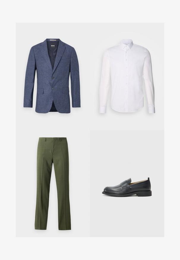 Mørkeblå blazer i strikket stof, en-knap, med to frontknapper, slagkrave og sidelommer. Foret indre.; Hvid langærmet button-up skjorte lavet af bomuld, med en klassisk krave, frontknapper og minimal syning detalje.; Olivengrønne skræddersyede bukser med en glat tekstur, lige snit og frontfold, designet til formelle eller semi-formelle anledninger.; Sorte læder loafers med en glat finish, flad sål og rund tå med en dekorativ rem over vristen.