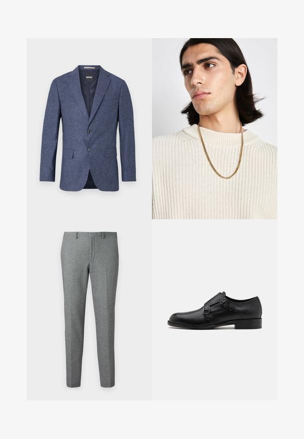 Tamno plavi sako od teksturiranog materijala, s jednim redom dugmadi i dva prednja dugmeta, s odrezanim reverima i bočnim džepovima. Podstavljeni unutrašnjost.; Bijela košulja dugih rukava s gumbima napravljena od pamuka, s klasičnom kragnom, prednjim gumbima i minimalnim detaljima šivanja.; Sive, krojene hlače s suptilnim uzorkom hounds-tooth, suzane nogavice, petlje za remen i ravni prednji dizajn.; Crne kožne cipele s dvostrukim kopčama, elegantne siluete i okruglim prstima. Imaju nisku petu i glatku teksturu.; Zlatna lančana ogrlica nošena preko kremaste pletene dukserice; mekana tekstura s visokim ovratnikom i suptilnim uzorkom na tkanini.