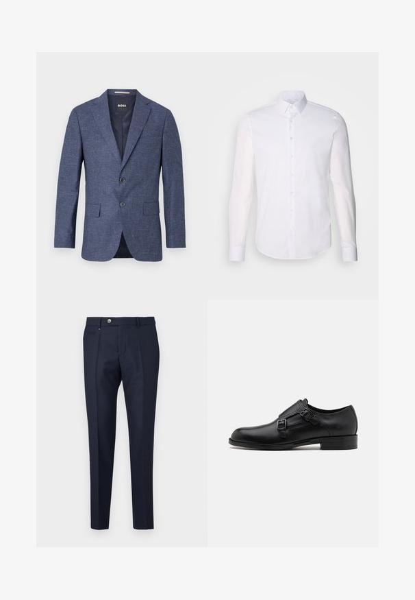 Sötétkék blézer texturált anyagból, egysoros, két elülső gombbal, hajtókás gallérral és oldalsó zsebekkel. Bélelt belső rész.; Fehér, hosszú ujjú, gombos ing, pamutból készült, klasszikus gallérral, elöl gombokkal és minimalista varrási részletekkel.; Sötétkék nadrág sima anyagból, karcsú szabású, két elülső zsebbel, egy gombos zárással és diszkrét redőkkel.; Fekete bőrcipő, dupla csattal, letisztult sziluettel és kerek orral. Alacsony sarka és sima felülete van.