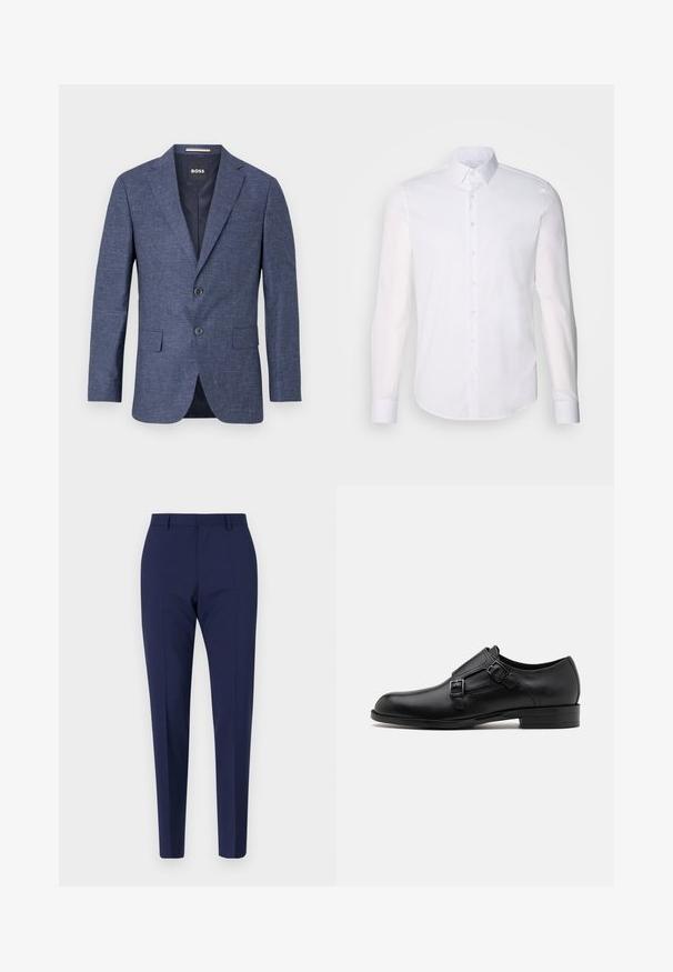 Jūras zilā blazeris teksturētā audumā, vienas rindas ar diviem priekšējiem pogām, ar izdajtajām atlokrām un sānu kabatām. Odere iekšpusē.; Balta kokvilnas krekla garajām piedurknēm ar pogām, kura dizainā ir klasiskā apkakle, priekšējās pogas un minimālistiska šuvju detaļa.; Tumši zili pieguļoši bikses ar gludu tekstūru, taisnu priekšpusi un izlocītām kājām. Nav redzamās kabatas vai rotājumi.; Melnas ādas kleitas kurpes ar diviem sprādzēm, elegants siluets un apaļš purngals. Iezīmējas ar zemu papēdi un gludu tekstūru.