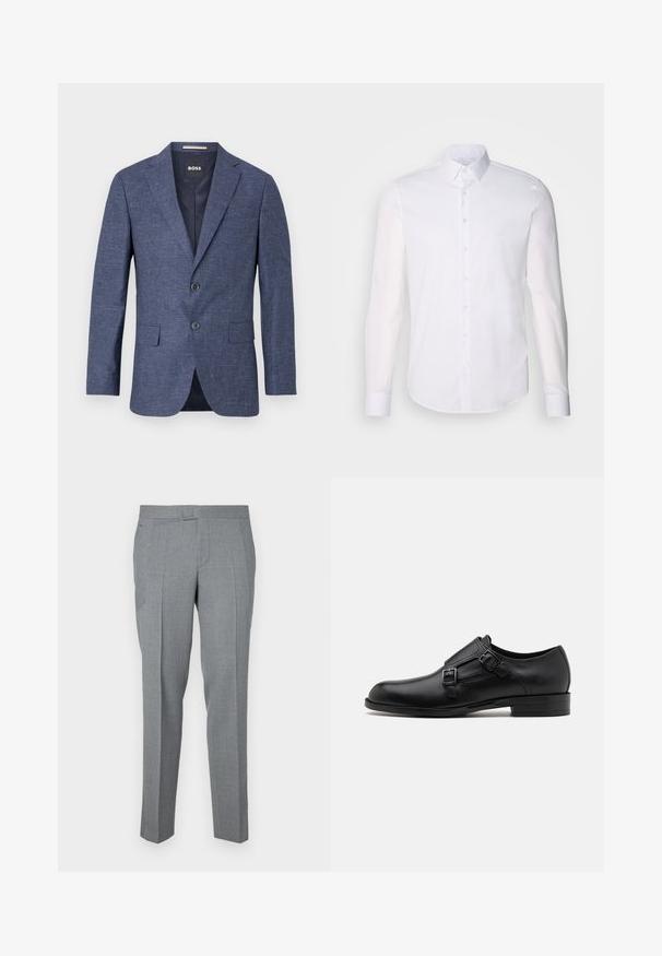 Tumesinine bleiser tekstureeritud kangast, ühe nööbiga, kahe esise nööbiga, nurgeliste kraede ja küljetaskutega. Vooderdatud sisemus.; Valge pikkade varrukatega nööpidega särk, mis on valmistatud puuvillast, klassikalise krae, eest nööpide ja minimaalsete õmblusdetailidega.; Hallitatud hallid püksid, mis on valmistatud tekstuuriga kangast, millel on sirge esikülg, vöökohaga aasad ja kaks külge taskut. Sirge jala disain.; Musta nahast kleitking, kus on kaks pandlat, voolava silueti ja ümarate varvastega. Omab madalat kontsa ja siledat tekstuuri.