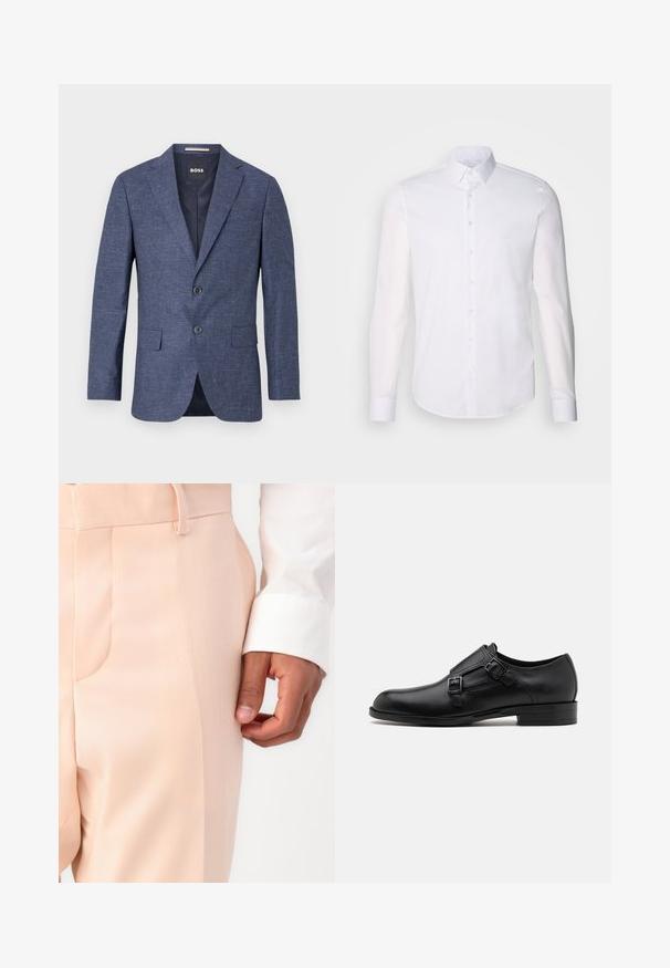 Sötétkék blézer texturált anyagból, egysoros, két elülső gombbal, hajtókás gallérral és oldalsó zsebekkel. Bélelt belső rész.; Fehér, hosszú ujjú, gombos ing, pamutból készült, klasszikus gallérral, elöl gombokkal és minimalista varrási részletekkel.; Halvány rózsaszín, testre szabott nadrág sima textúrával, oldalsó zsebbel és övbujtóval, fehér ingujjjal párosítva.; Fekete bőrcipő, dupla csattal, letisztult sziluettel és kerek orral. Alacsony sarka és sima felülete van.