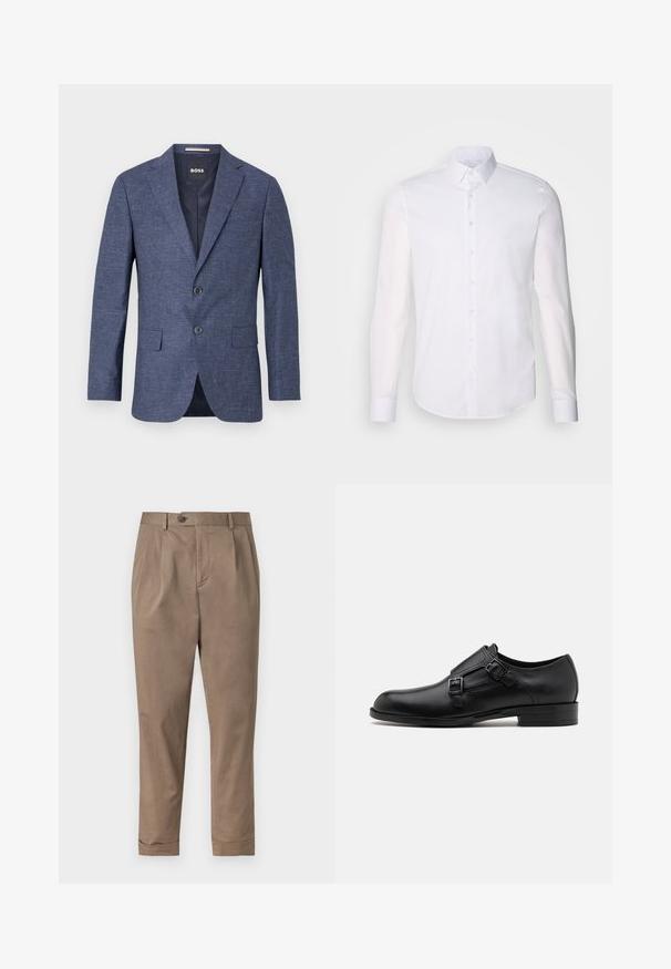 Navyblauer Blazer aus strukturiertem Stoff, einreihig mit zwei vorderen Knöpfen, mit Reverskragen und Seitentaschen. Gefüttert.; Weißes Langarm-Hemd aus Baumwolle, mit klassischem Kragen, vorderen Knöpfen und minimalen Nähdetails.; Khakihosen mit taillierter Passform, ausgestattet mit einer vorderen Falte, einem Knopfverschluss und umgeschlagenen Säumen. Hergestellt aus einem leichten Baumwoll-Mischgewebe.; Schwarze Leder- Schnürschuhe mit doppelten Schnallen, schlanker Silhouette und runder Zehenpartie. Sie verfügen über einen niedrigen Absatz und eine glatte Textur.
