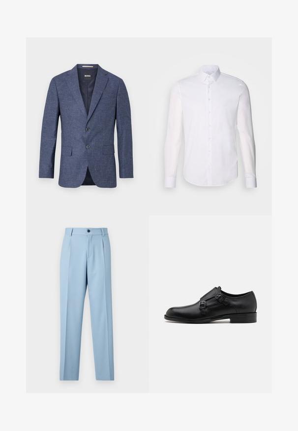 Navy blue blazer in textured fabric, single-breasted with two front buttons, notch lapels, and side pockets. Lined interior.; White long-sleeve button-up shirt made from cotton, featuring a classic collar, front buttons, and minimal stitching detail.; Light blue trousers made of smooth fabric, featuring a straight leg design, front pleats, and a single button closure at the waistband.; Black leather dress shoe with dual buckles, sleek silhouette, and round toe. Features a low heel and smooth texture.