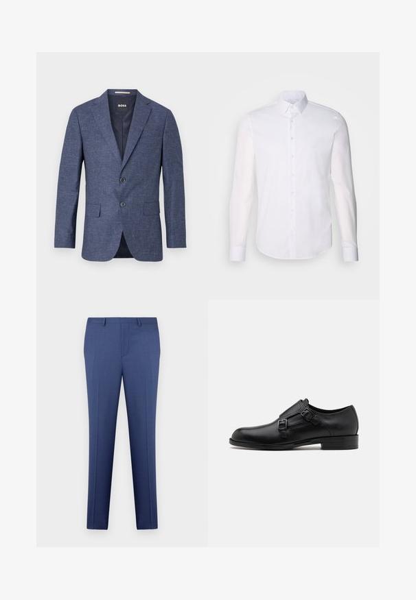 Tamsiai mėlynas švarkas iš tekstūruoto audinio, viengubas, su dviem priekiniais mygtukais, su notch tipo apykakle ir šoninėmis kišenėmis. Pamušalas viduje.; Baltas ilgas rankoves mygtukinis marškinys, pagamintas iš medvilnės, su klasikinio tipo apykakle, priekyje esančiais mygtukais ir minimaliais siuvinėjimo detalėmis.; Mėlynos vyriškos klasikinės kelnės su diržo kilpomis, priekine užtrauktuko uždarymo sistema ir raukšlėmis, eksponuojamos ant baltos fono.; Juodas odinis vakariniu batų modelis su dviem sagtimis, elegantiška siluetas ir apvaliu nosiu. Yra žemas kulnas ir glotni tekstūra.