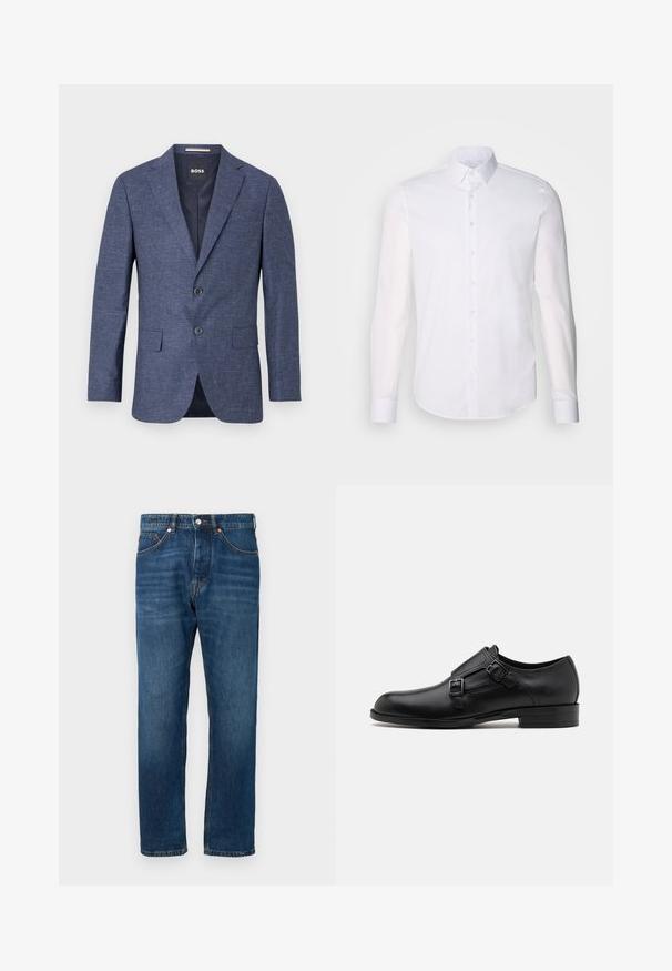 Navy blue blazer in textured fabric, single-breasted with two front buttons, notch lapels, and side pockets. Lined interior.; White long-sleeve button-up shirt made from cotton, featuring a classic collar, front buttons, and minimal stitching detail.; Blue denim jeans with a straight leg cut, mid-rise waist, and orange stitching accents. Features classic five-pocket design and button closure.; Black leather dress shoe with dual buckles, sleek silhouette, and round toe. Features a low heel and smooth texture.
