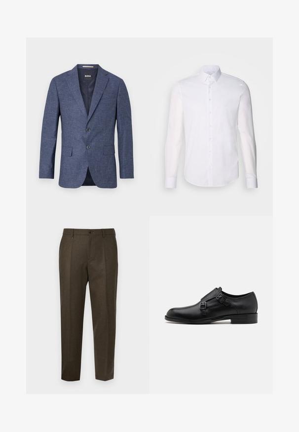 Tamno plavi sako od teksturiranog materijala, s jednim redom dugmadi i dva prednja dugmeta, s odrezanim reverima i bočnim džepovima. Podstavljeni unutrašnjost.; Bijela košulja dugih rukava s gumbima napravljena od pamuka, s klasičnom kragnom, prednjim gumbima i minimalnim detaljima šivanja.; Tamno smeđe krojene hlače s glatkom teksturom, s dva prednja nabora, dugmetom za zatvaranje i ravnim krojem.; Crne kožne cipele s dvostrukim kopčama, elegantne siluete i okruglim prstima. Imaju nisku petu i glatku teksturu.