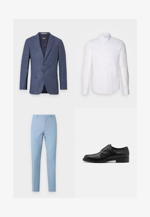 Námorně modrý blazer z texturované tkaniny, jednobarevný s dvěma předními knoflíky, klopovými límci a postranními kapsami. Podšívkový interiér.; Bílá košile s dlouhým rukávem vyrobená z bavlny, s klasickým límcem, předními knoflíky a minimálním detailem šití.; Svetle modré oblekové kalhoty s úzkým střihem, hladkou texturou, sklady na přední straně, přiléhavým pasem a poutky na pásek. Žádné viditelné kapsy.; Černé kožené společenské boty s dvojitými sponami, elegantní silueta a kulatá špička. Mají nízký podpatek a hladký povrch.
